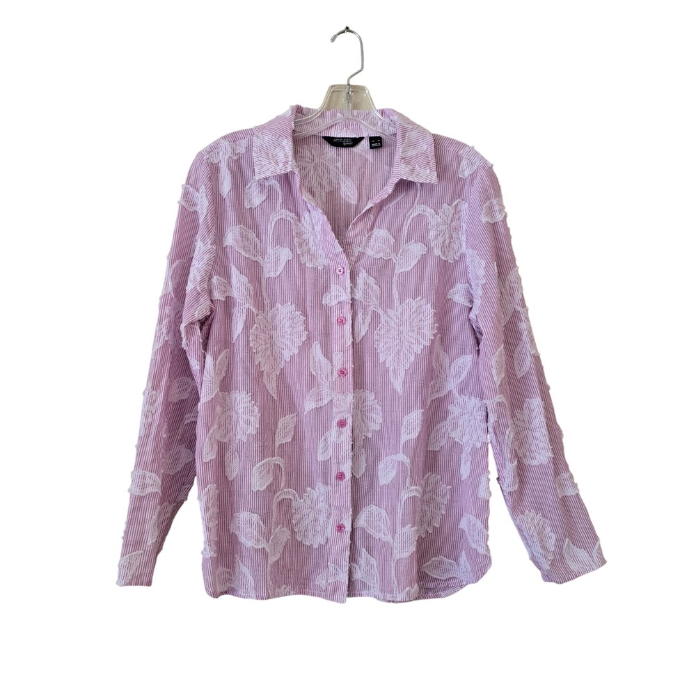 Attitudes by Renee Pink White Floral Clipped Jacquard Seersucker Blouse Medium